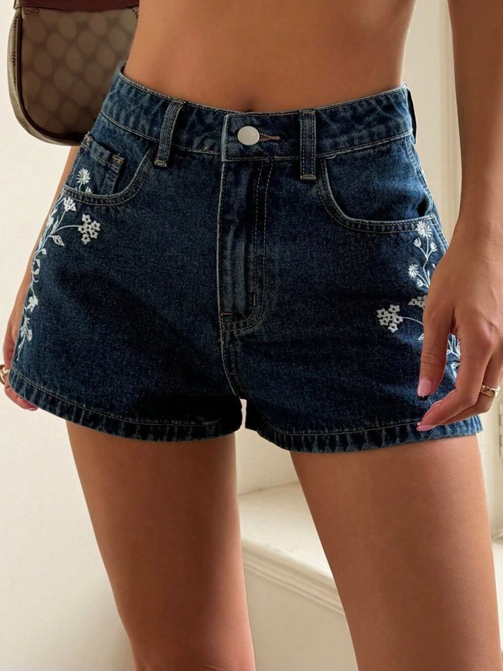 Dark Wash Casual Women's Regular Waist Side Floral Embroidery Denim Shorts - Picture 4 of 8